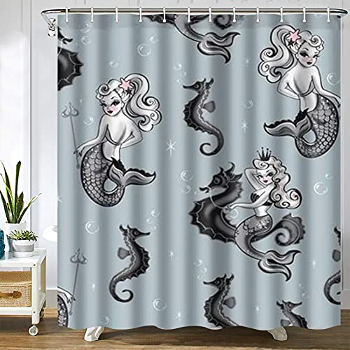 SPXUBZ Vintage Mermaid Art Trident Sea Princess Shower Curtain Waterproof Bathroom Decor Polyester Fabric Curtain Sets with Hooks, 72x72 Inch