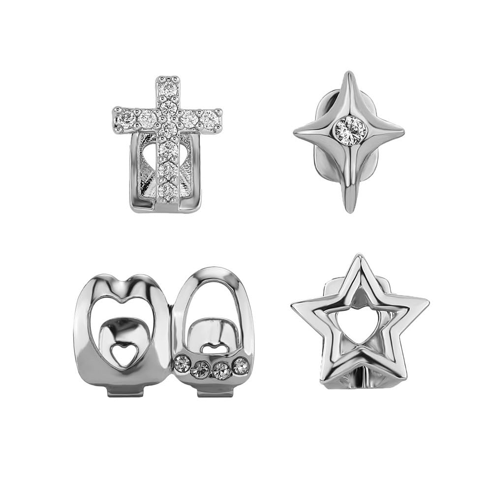 4Pcs Teeth Grillz Set Trendy Gold Plated Rhinestones Cross Star Grillz Set for Women Men, Metal, no gemstone