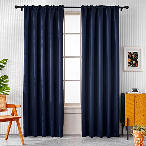 Pickluc Blackout Curtains 96 Inches Long 2 Panels Black Out Drapes for Bedroom or Living Room Back Tab and Rod Pocket Top Set of Two Navy Blue 52 Wide and 96 Length.