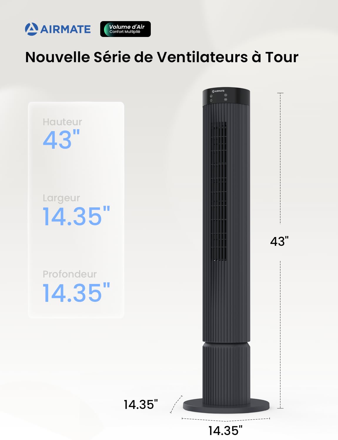 Airmate Ventilateur Colonne, 12 Vitesses de Vent, Ventilateur Silencieux Vitesse 10m/s Ventilateurs Tour Pour Chambre, 3 Modes/Minuterie 12 Heures, écran LED, Ventilateur de 40 Watts, Gris Foncé
