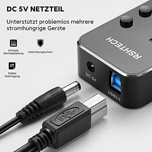 RSHTECH USB Hub 3.0 met 10 W (5V / 2A) Voeding, Aluminium 7-Poorts USB 3.0 Hub, USB 3.0-Poorts Verdeler voor Opladen en Gegevensoverdracht, met LED-Indicator en Individuele Schakelaar (RSH-518-2) - Afbeelding 5