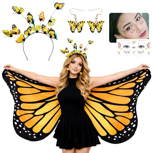 ZZIHAN Monarch Butterfly Wings Costume for Women Double Sided Cape Set with Headband Earrings Tattoos Adult Fairy Wings Halloween Cosplay Party Dress Up