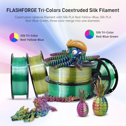 Image of FLASHFORGE Silk Tri-Color PLA Filament 1.75mm, Coextrusion Red Blue Green Triple Color Rainbow, 1kg, 3D Printer Filament
