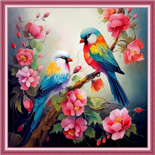 Image of Joyhoor Cross Stitch Kits for Beginners Stamped Cross-Stitch Supplies Needlework preprint Embroidery Kits for Adults DIY Needlepoint Kits Embroidery Patterns 11CT-Flower Couple Bird 18.x18 inch