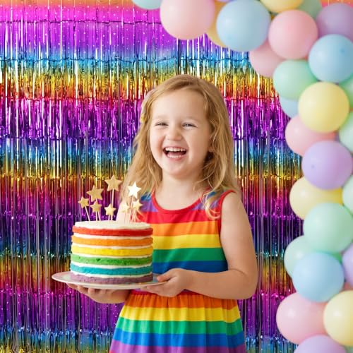 Image of TONIFUL 2Pcs Rainbow Gradient Metallic Tinsel Foil Fringe Curtain Streamer