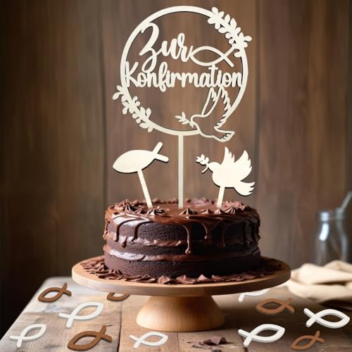 Tortendeko Konfirmation Cake Topper Kuchen Deko Tortenstecker Konfirmation Deko Junge Mädchen mit 48 Holzfische Streudeko Tischdeko