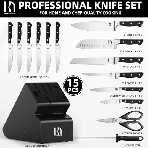 Image of KnifeSaga Knife Set, 15 Pcs Kitchen Knife Block Set, Enduring Razor-Sharp Japanese High Carbon Stainless Steel Chef Knife Set with Block and Sharpener, Premium Black Knives Set for Kitchen