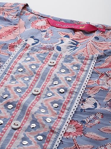 Image of anubhutee Women's Cotton Blend Floral Printed Off White Straight Kurta Suit Set with Trousers