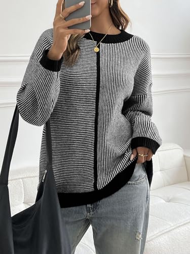 Saodimallsu Womens Striped Sweaters Oversized Winter Crew Neck Long Sleeve Ribbed Knit Trendy Pullover Tops2