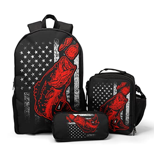 Bass Fishing Lure Teens School Backpack Set American Flag Canvas Girls Boys School Bags Travel Bookbags 3 in 1