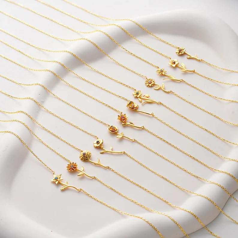 18K Gold Filled Birth Flower Necklace Women Dainty Horizontal Birth Month Flower Necklace Family Mothers Gifts3