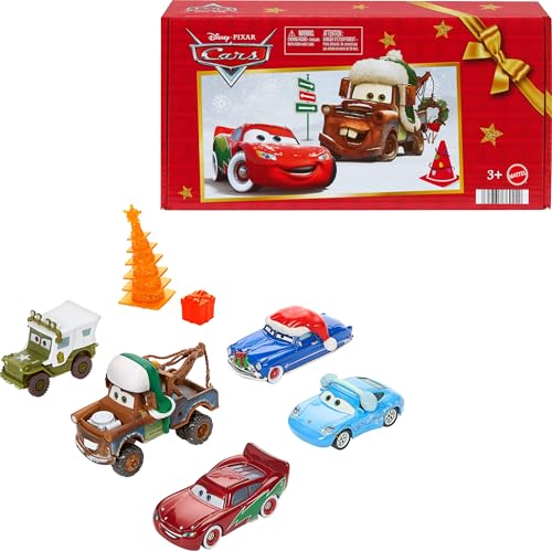 Mattel Disney and Pixar Cars Toy Multipack, Set of 5 Winter-Themed Vehicles Including a Holiday Hotshot Lightning McQueen & 2 Plastic Accessories...