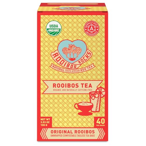 Caffeine Free Red Rooibos Tea Bags 40 - Naturally Sweet Herbal Tea Safe for Children and Pregnant Women - Low Tannin, Premium Organic Rooibos Tea Sustainably and Ethically Farmed in South Africa