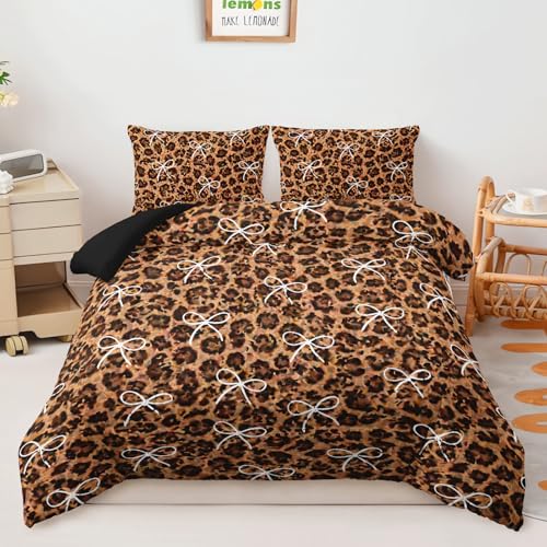 Image of AILONEN Coffee Leopard Comforter Full 3 Piece Bronze Cheetah Bedding Ribbon Bowknot Quilt Ultra Soft Microfiber Padded Blanket Teens Cool Room Decor Chic Animal Print Cover 2 Shams