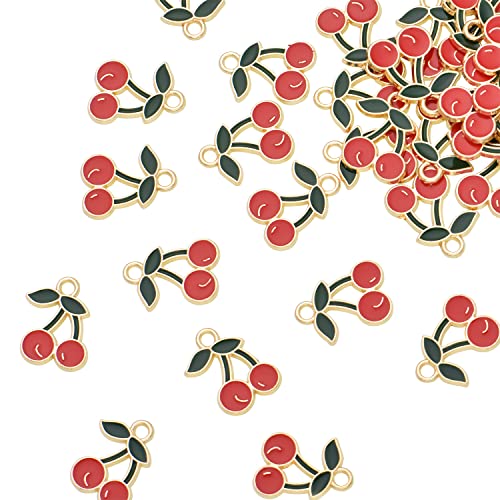 Pack of 80 Cherry Enamel Charms Gold Plated Colored Pendants Hawaii Style Accessories for Necklace Bracelet Jewelry Making DIY Crafting