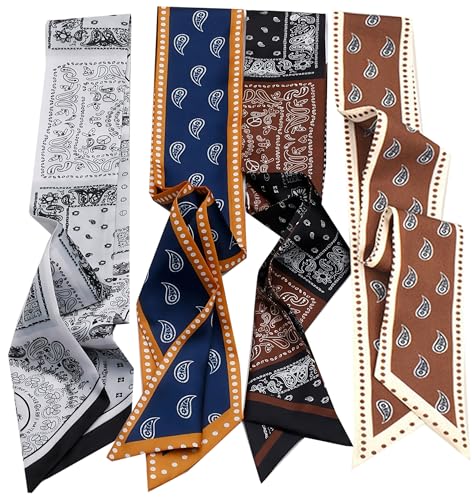 4Pcs Fashion Silky Scarves for Women,Floral Scarves Headbands Satin Scarf for Bag Hair Accessories Gift