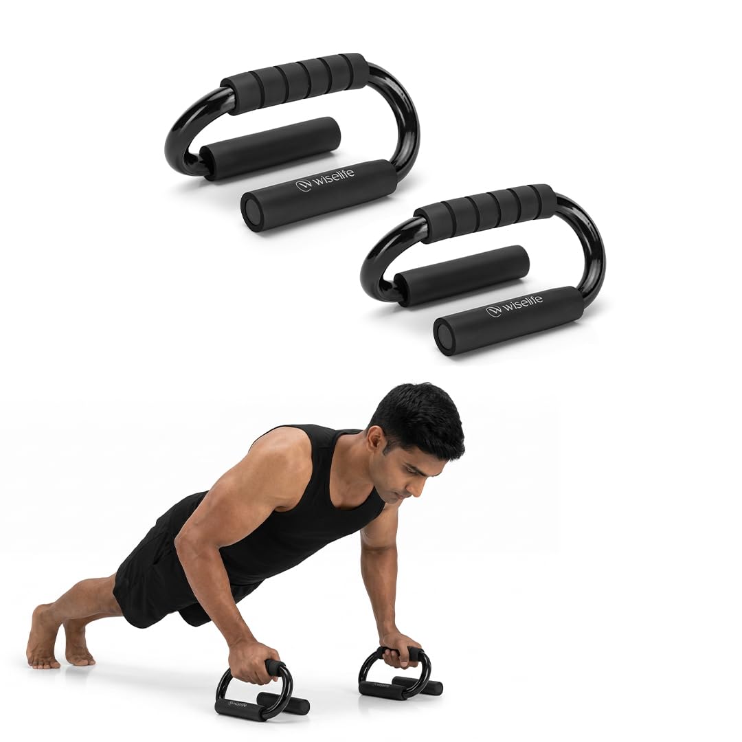 Wiselife S-Shape Push-Up Bar Pair (Black) | Ergonomic Comfortable Grip Handles | Heavy-Duty Durable Push-Up Bars for Chest, Arms & Core Strength | Anti-Slip Base for Home Gym & Workout Training