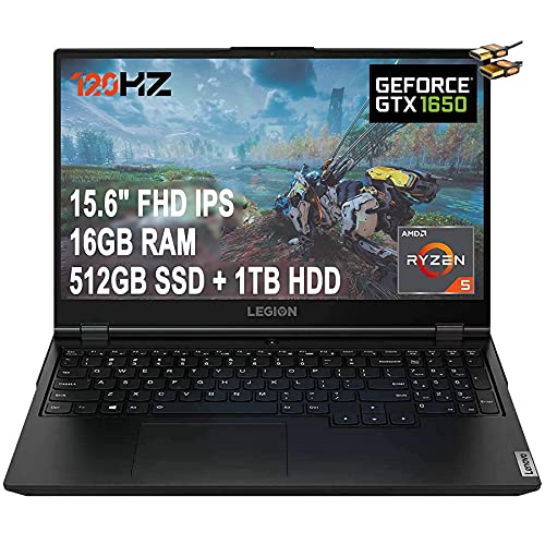 2021 Flagship Lenovo Legion 5 Gaming Laptop 15.6“ FHD IPS 120Hz AMD 6-Core Ryzen 5 4600H (Beat i7-9750H) 16GB RAM 512GB SSD + 1TB HDD GeForce GTX 1650 Backlit Win 10 + HDMI Cable (Renewed)