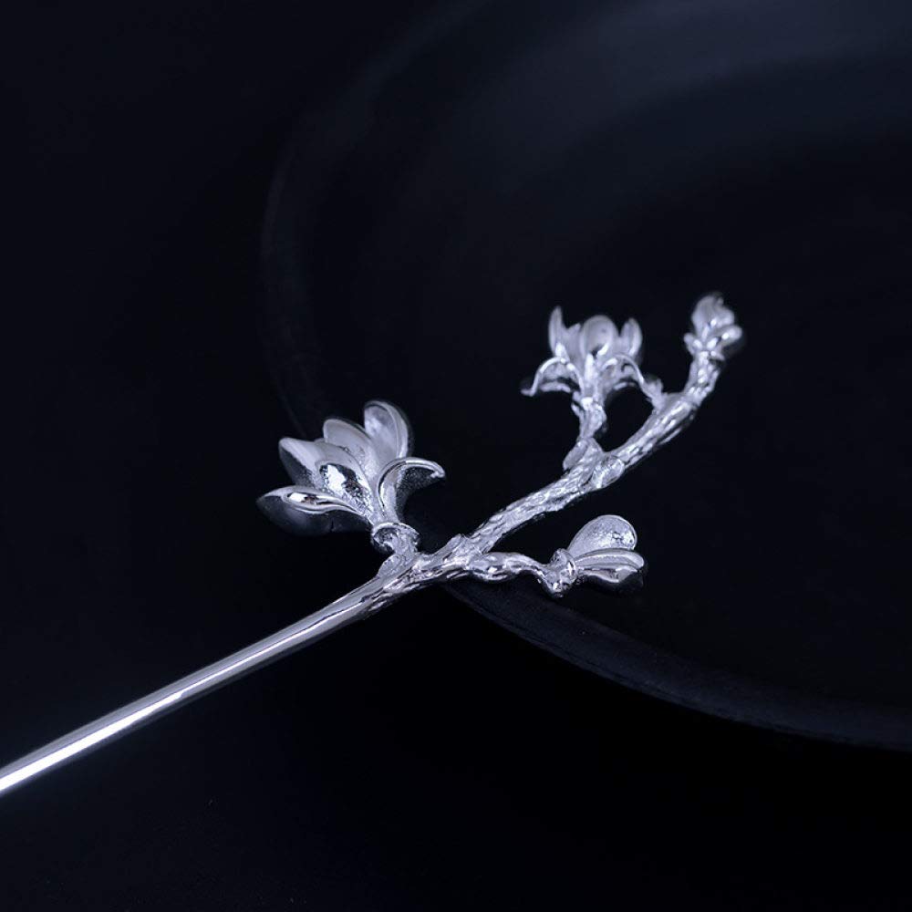 Bâton à cheveux, épingle à cheveux, bâtons de cheveux rétro japonais for femmes cheveux longs en argent 925, épingle à cheveux simple branche de magnolia fait à la main accessoires de chignon de cheve