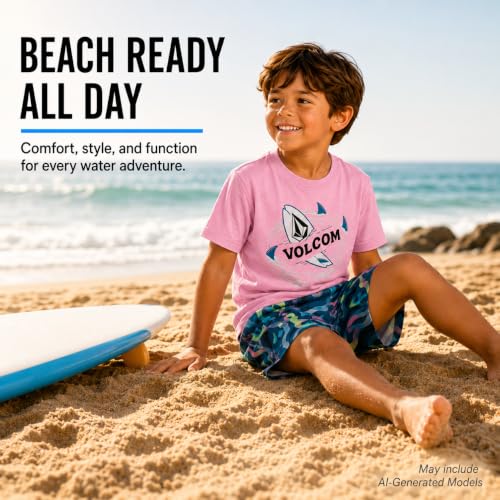 Image of Volcom Baby Boys Swim Set - 2 Piece Short Sleeve Swim Shirt Graphic Tees & Board Shorts - Infant Toddler Little Boys Swimsuit