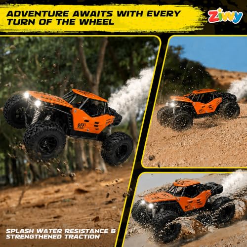 Image of ZIVVY Big Orange Remote Control Car | Rock Crawler | LED Headlight | Rechargeable Battery with Type c Charger | 100m Range | Smoke | Toy Car for Kids & Boys 7-14 Years | Birthday Gift for Kids