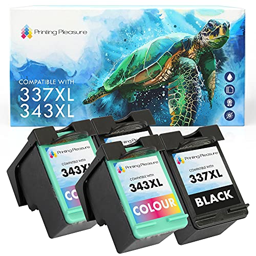 Printing Pleasure 4 Compatibles HP 337 & HP 343 Cartuchos de Tinta para Photosmart 2500 2573 2575 C4110 C4180 8049 8050 DeskJet D4160 5940 6980 Officejet 6300 6313 6315   Negro/Color, Alta Capacidad