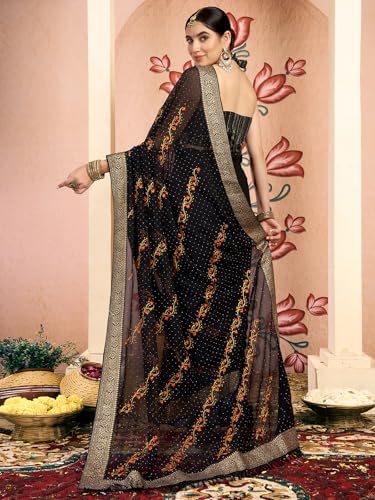 Image of Satrani Women's Georgette Embroidery & Stone Work Saree with Unstitched Blouse Piece