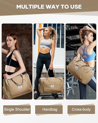 Image of Gym Bag for Women Men Duffle Bags for Travel with Shoe Compartment Shoulder Weekender Overnight Carry on Tote Bags for Airplane Beach Bag Workout Yoga Sport Swimming Khaki