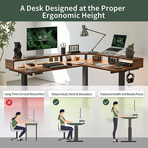 Image of FEZIBO L Shaped Standing Desk with Arc LED & Power Outlet, Exclusive Uprated 3 Motors Support 330LBS, Electric Height Adjustable L Shaped Desk with Large Monitor Stand, for Gaming Office, Black Walnut
