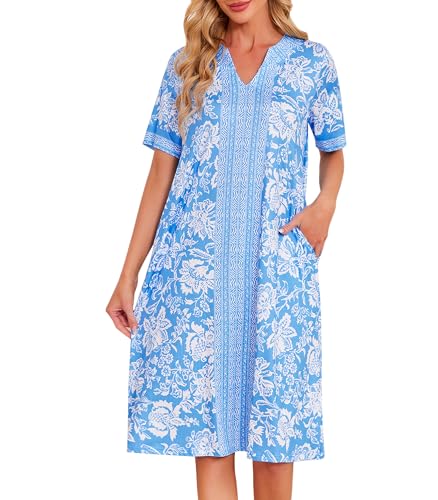 ETOSELL Moo Moos Nightgown for Women with Pockets Casual Floral Print House Dress Short Sleeve Mumu Lounge Dresses S-3XL Light Bule