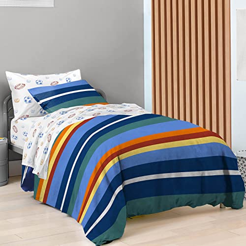 Saturday Park Vintage Stripe & Sports Queen Bed Set - 7 Piece 100% Organic Cotton Bedding - GOTS & Oeko-TEX Certified