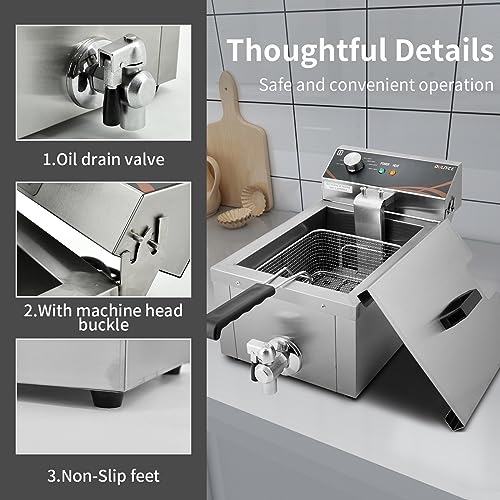 DULNICE Fritteuse Commercial Friteuse mit Fett mit Ölventil 6L, 3000W Elektrische Fritteuse mit Korb & Deckel, Fritteuse mit öl 60°C-200°C für Küche und Haushalt – Bild 3