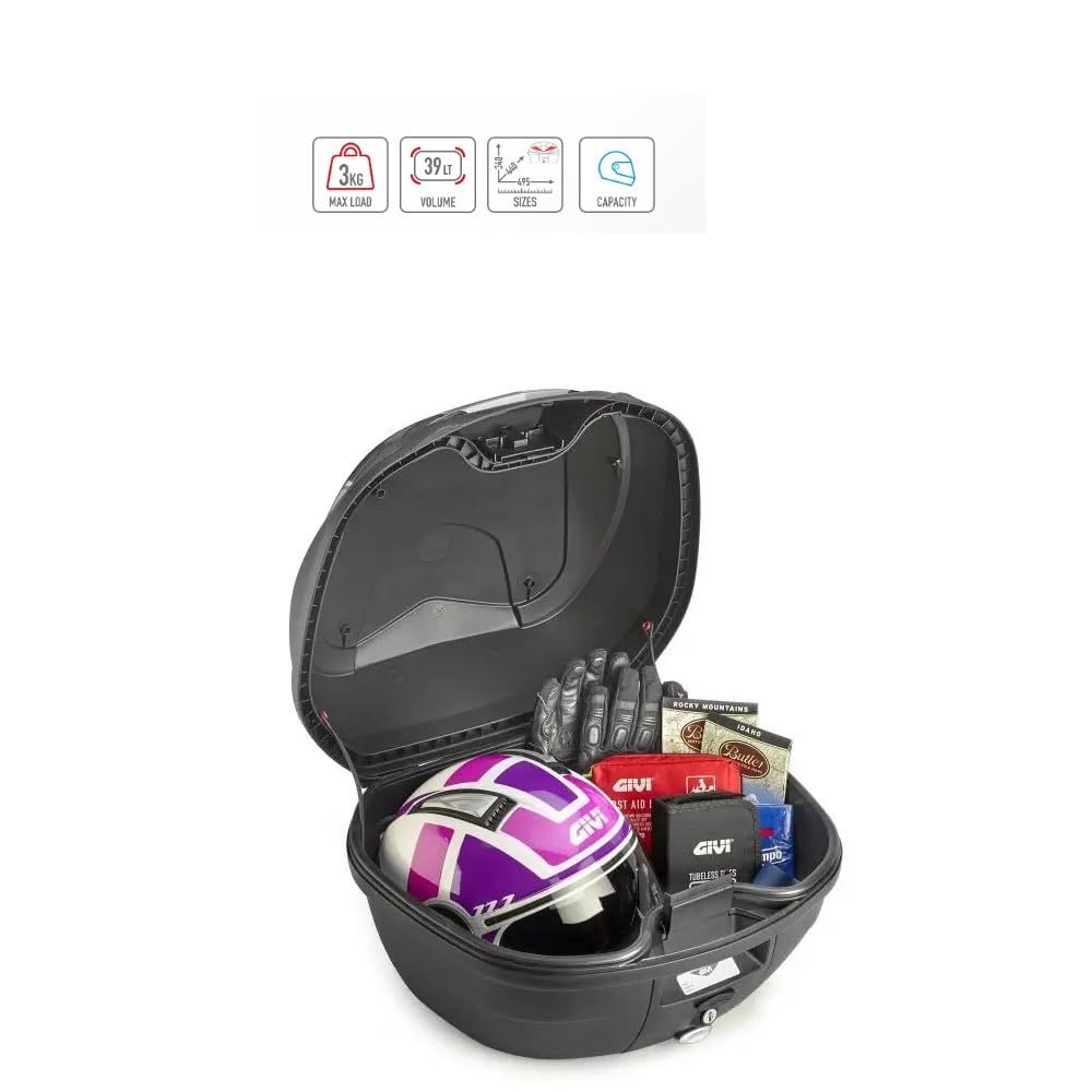 COMPATIBILE CON P IAGGIO BEVERLY 300 HPE BAULETTO B360NT2 TECH VALIGIA 39 LITRI+KIT CON ATTACCO AL PORTAPACCHI POSTERIORE MOTO SCOOTER BAULE+PIASTRA CAPIENZA 2 CASCHI