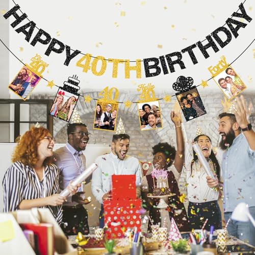 Image of Guiruiy Pre-strung Happy 40th Birthday Photo Banner Decorations for Men Women, Black Gold Glitter Hello 40 Birthday Photo Hanging Banner Party Supplies, Cheers to 40 Years Old Bday Sign