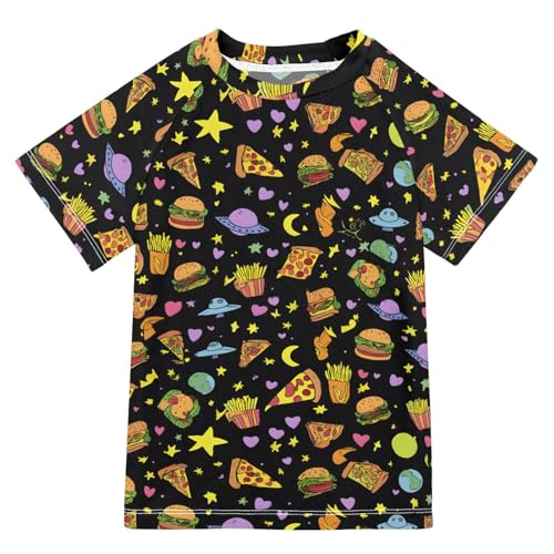 ALAZA Kids Rash Guard Boys Toddler Swim Shirts Short Sleeve Pizza Hamburger Chips UPF 50+ 3T