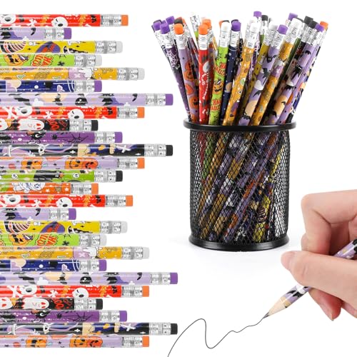 LOMIMOS 36 lápis de madeira de Halloween com motivos multicoloridos, motivos de Halloween e borrachas, perfeitos para crianças e como ideia de presente para festas de Halloween