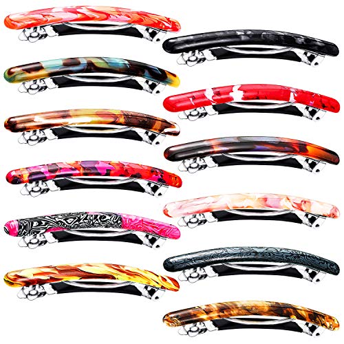 12 Pieces Skinny Hair Barrettes Tortoise Shell Cellulose Acetate Hair Clip Long and Thin French Hair Clip Automatic Clasp Barrette Ponytail Holders for Women Girls