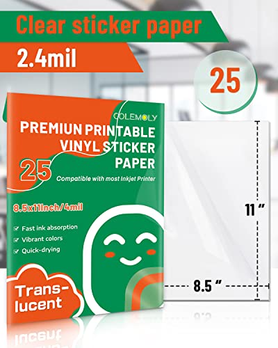 Printable Vinyl Translucent Sticker Paper For Inkjet Printer 25 Sheets Waterproof Decal Dries Quickly Tear Resistant Self-Adhesive Frosty Clear Labels Vivid Colors 8.5X11 For Laser,Craft #TOP3