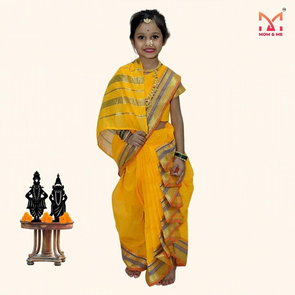 Mom and Me Girls' Ready-to-Wear Mastani Nauwari Saree with Stitched Blouse | Traditional Maharashtrian Ilkal Border | Soft Acrylic Cotton | Age 12 Months to 15 Years (Yellow, 11-12 Years) - Image 3 thumbnail