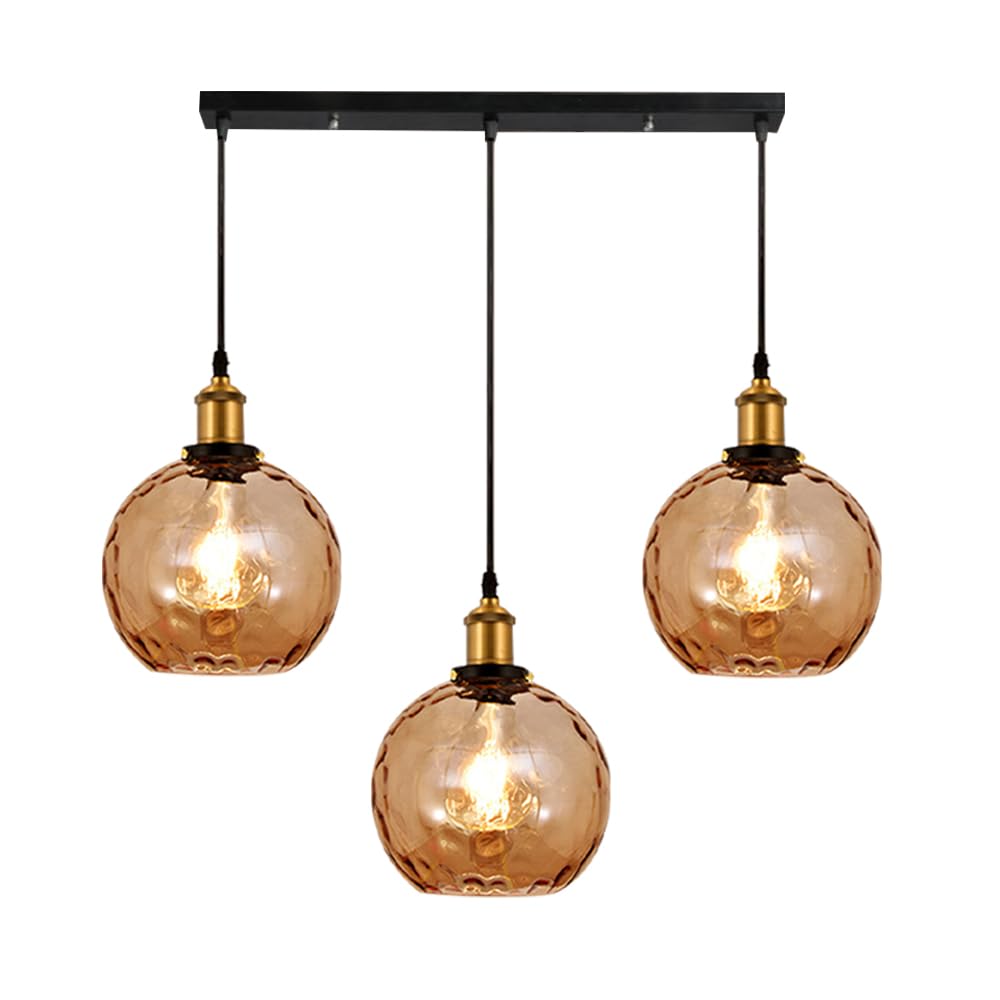 KXEcoLife 3-Light Pendant Lighting Retro Chandelier Amber Glass Hanging Light Fixture Rustic Ceiling Lights for Kitchen Island Dining Room Bedroom Hallway