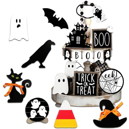 Simple polymer 19 Pcs Halloween Tiered Tray Decorations Set Halloween Table Centerpieces Ghost Castle Black Cats Crows Bats Ghosts Wooden Signs for Table Decor Sign