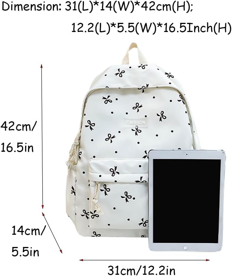 Preppy Bow Backpack Women's 14 Inch Casual Laptop Bag Aesthetic Backpacks Travel Hiking Daypacks Rucksack Shoulder Bag, One Size, White-Red