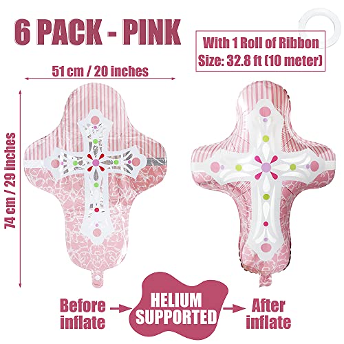 Pink Baptism Cross Balloons For Holy Communion, God Bless Christening Confirmation Easter Party Decorations Kids Boys Girls Party Supplies Baby Shower, 6 Cross Helium Mylar Foil Balloons With Ribbon #TOP1