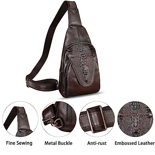 Image of Genuine Leather Sling Bag Embossed Crocodile Pattern Leather Crossbody Sling Backpack Handmade Chest Purse Daypack (Coffee)