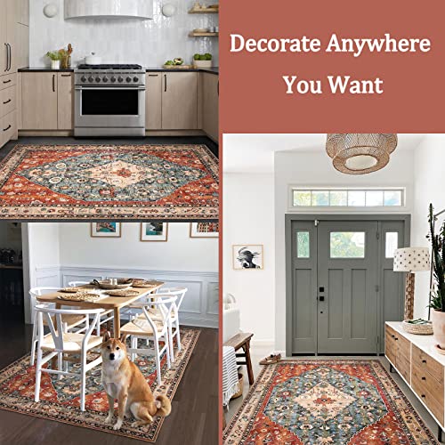 Morebes Tribal Washable Rugs 5X7, Large Boho Rugs For Living Room Non-Slip Area Rug Vintage Soft Kitchen Rug, Distressed Persian Throw Rug Indoor Floor Carpet For Bedroom Bathroom, Rust/Multi #TOP4