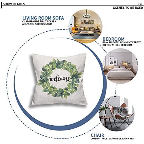 Dzglobal Welcome Home Wreath Farmhouse Pillow Cases 2 Packs Pine Cones Leaves Green Wreath Throw Pillow Covers Cotton Linen Decorative Cushion Cover 18X18 For Living Room Couch Sofa Bedroom #TOP4