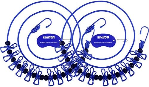 Travel Clothesline, Portable Retractable Clothesline with 12pcs Clothespins for Indoor Laundry Drying, Outdoor Camping Accessories by HAWATOUR, Blue, 2 Count