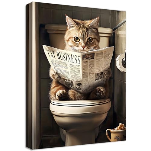 Cadre en Bois Impression sur Toile Drôle de Chat Tableau Image sur Toile Affiche Decoration Murale Chaton Lire le Journal sur Les Toilettes Tableau Decoration...