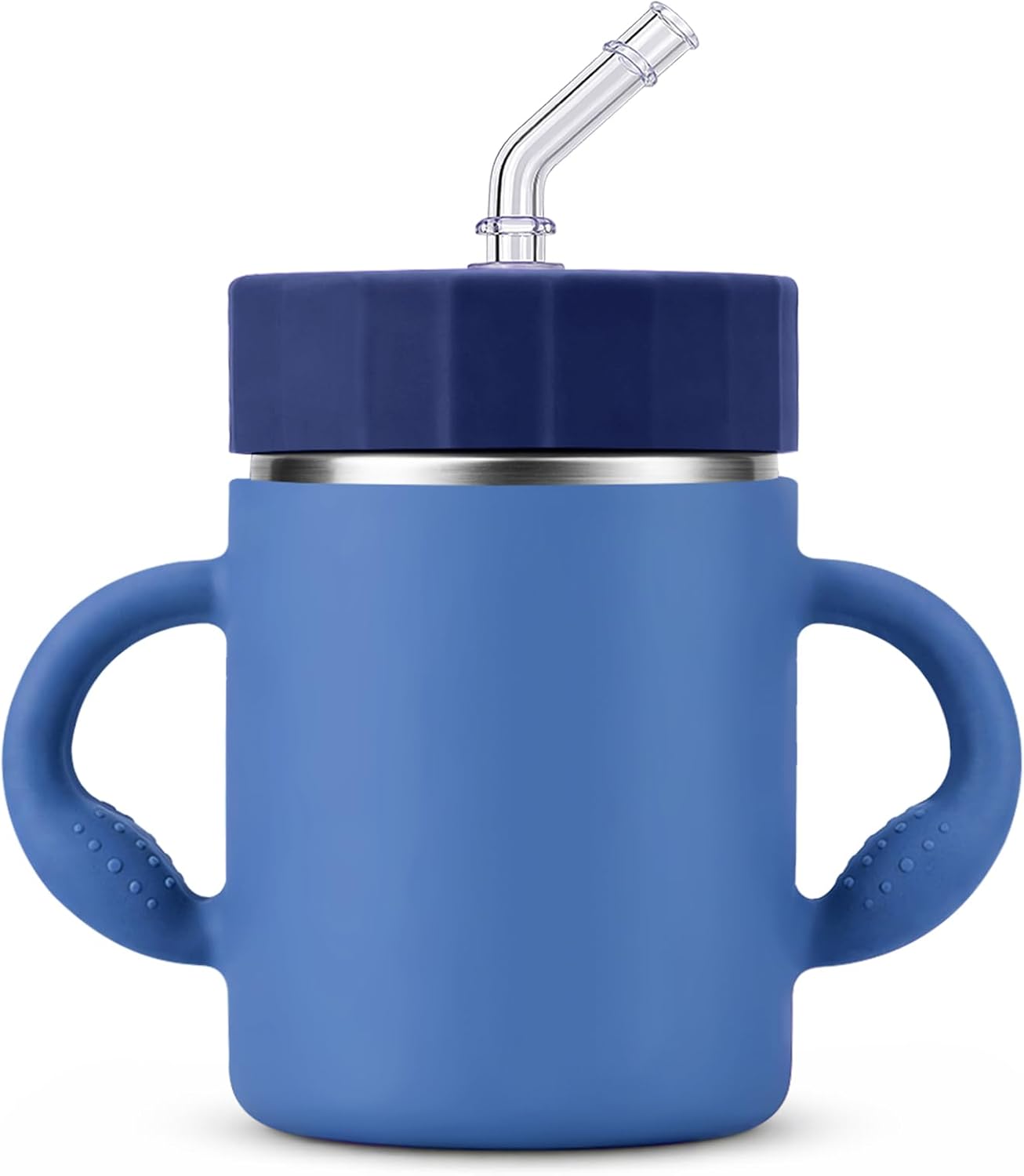 12oz Kids Stainless Steel Water Bottle, Spill Proof Insulated Stainless Steel Sippy Cup with Straw & Handles, Stainless Steel Toddler Cups with Silicone Sleeve, Great for Travel - Navy Blue