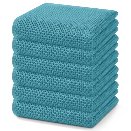 Image of Homaxy 100% Cotton Waffle Weave Kitchen Dish Towels, Ultra Soft Absorbent Quick Drying Cleaning Towel, 13 x 28 Inches, 6-Pack, Lake Blue
